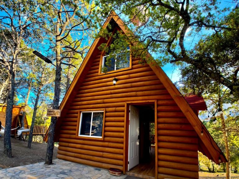 Fachada de la Cabaña Alpina M2 entre pinos