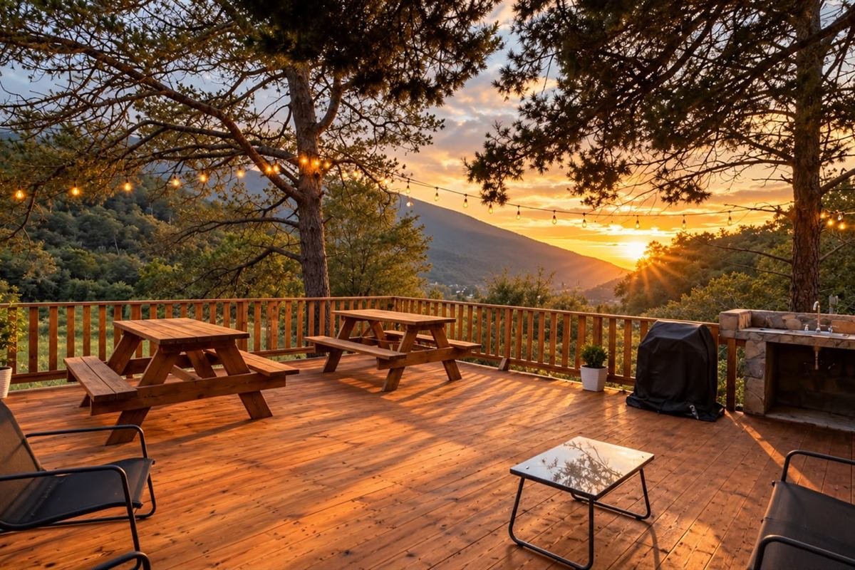 Terraza MORET al atardecer con mesas de picnic, luces y vista a la sierra